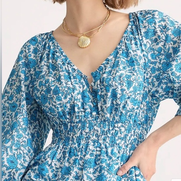 JCREW V Neck Puff Sleeve Midi Dress Blue Bloom Floral Print Prairie Cottagecore - Picture 2 of 13